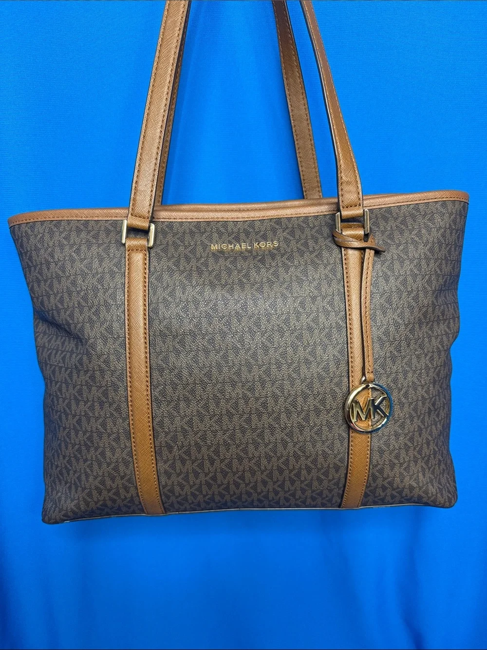 MICHAEL KORS LARGE SADY CARRYALL BROWN SIGNATURE LOGO LAPTOP / SHOULDER TOTE BAG
